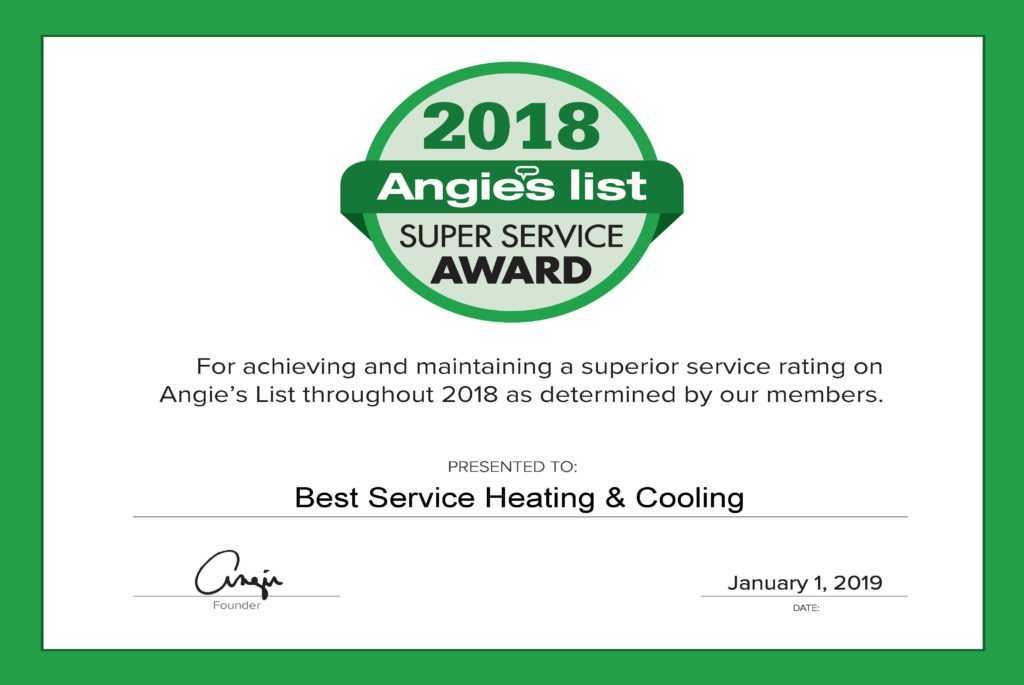 Best Service Heating & Cooling Earns 2018 Angie’s List Super Service Award