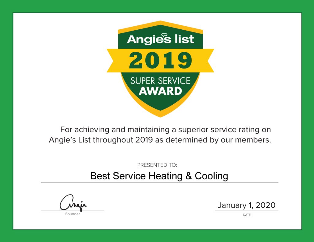 Best Service Heating & Cooling Earns 2019 Angie’s List Super Service Award