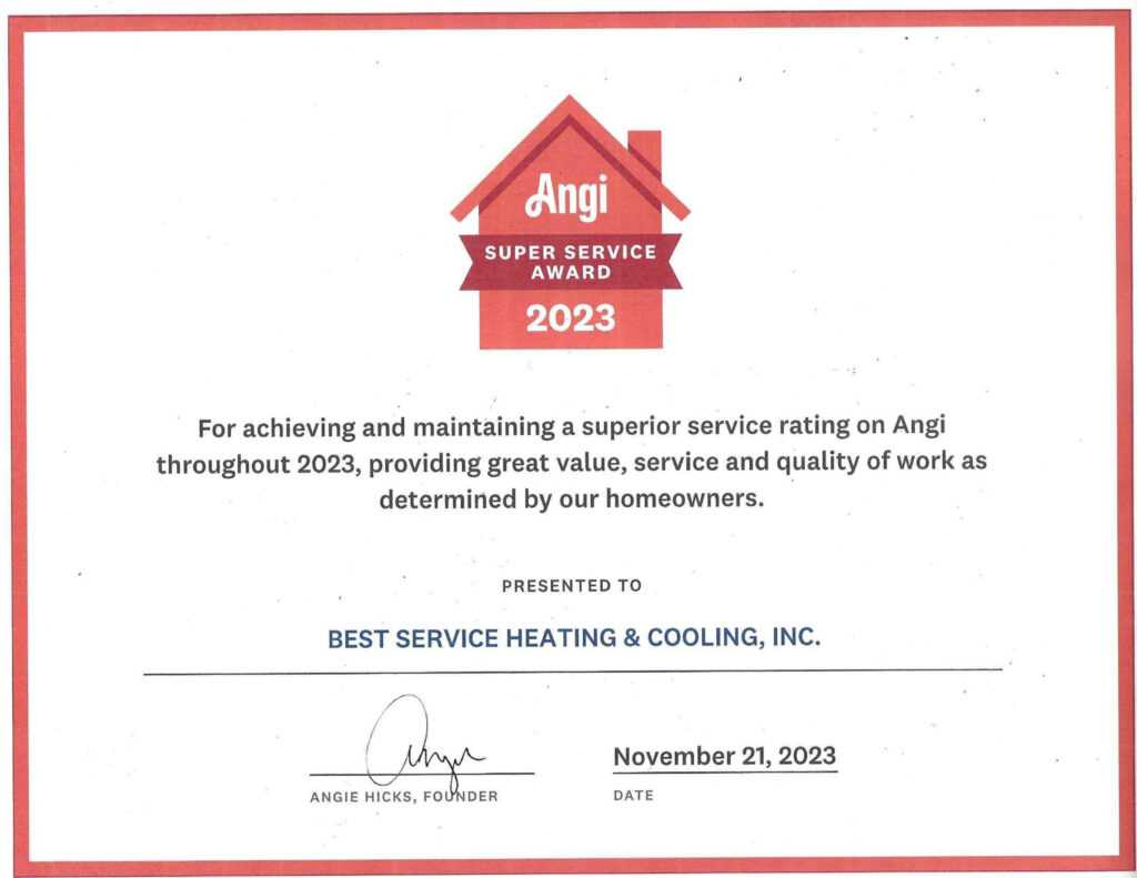 Best Service Heating & Cooling Earns 2023 Angie’s List Super Service Award